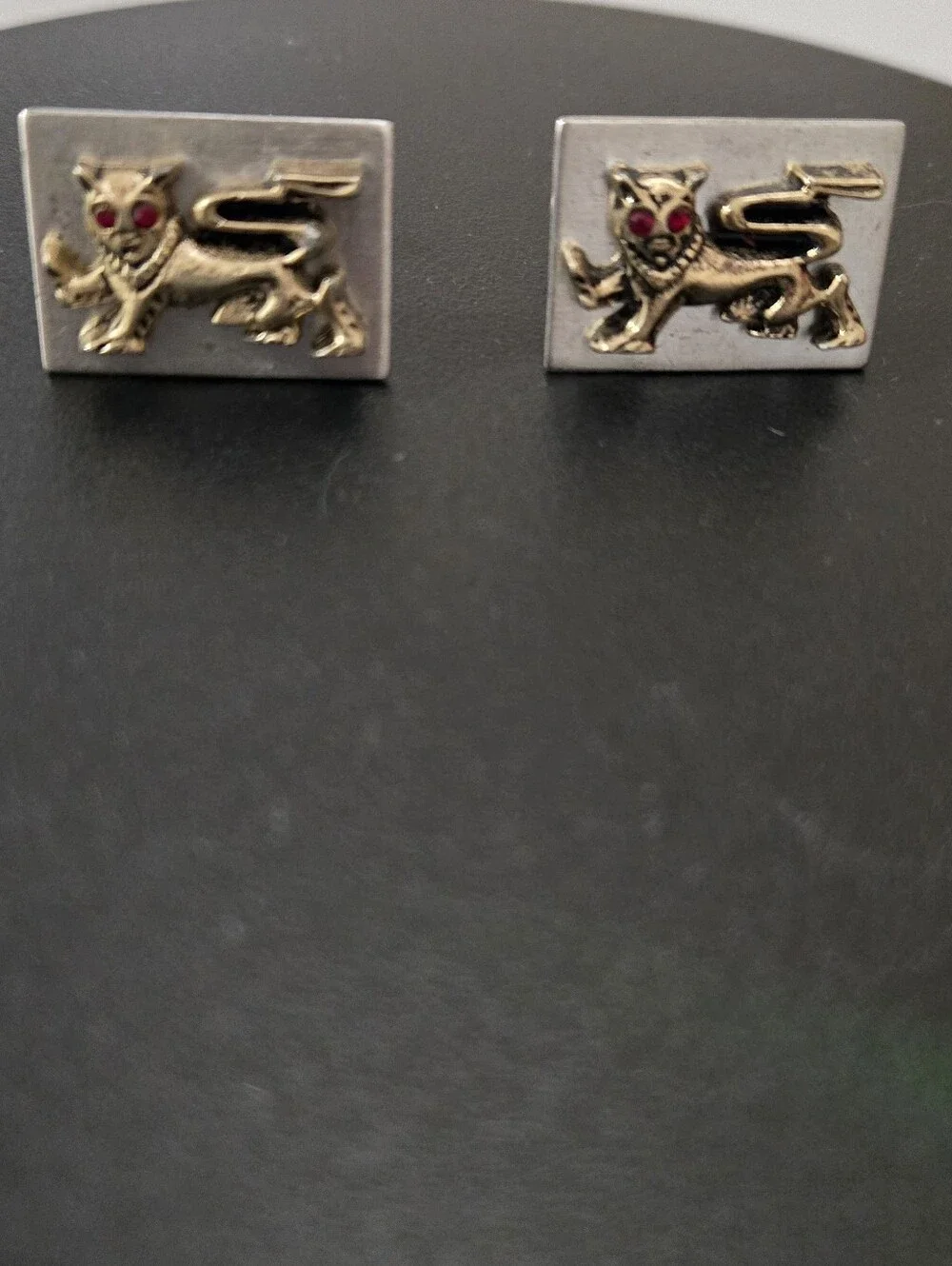 Vintage Gold Lion Crest Cufflinks with Red Eyes - Rectangular Silver Back